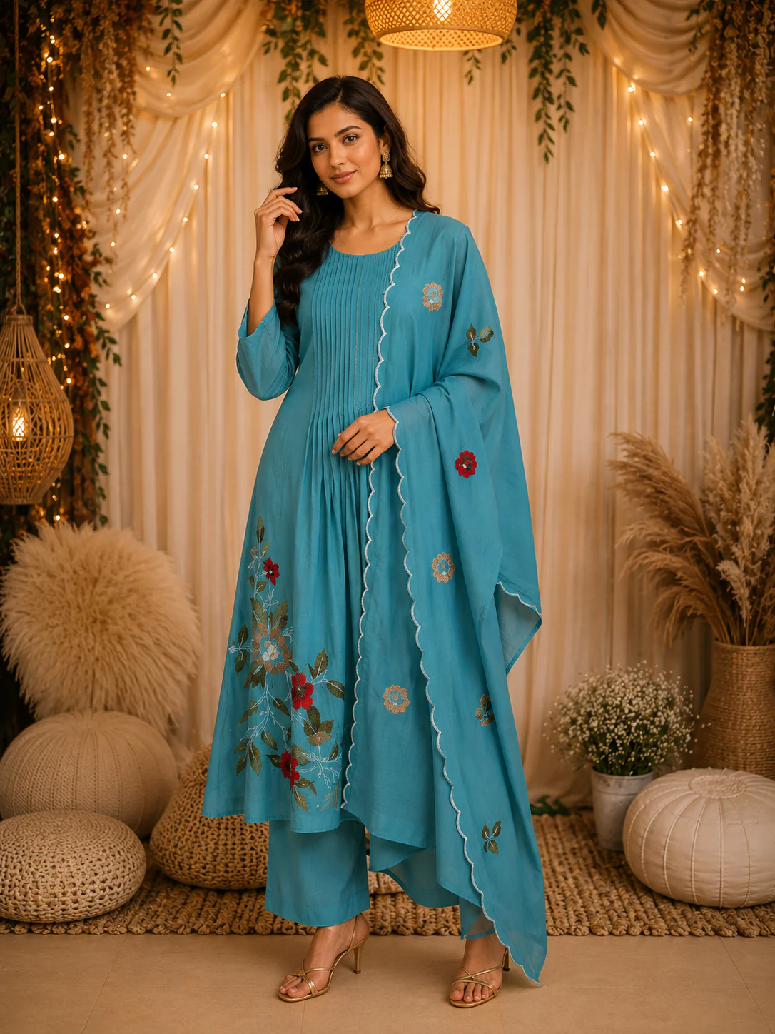 Teal Blue Floral Thread Embroidered Design Cotton Anarkali Salwar Suit with Dupatta
